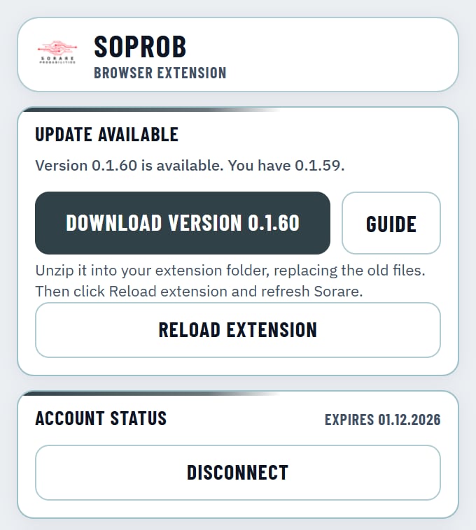 The update notice in the extension popup with Download, Guide and Reload extension.