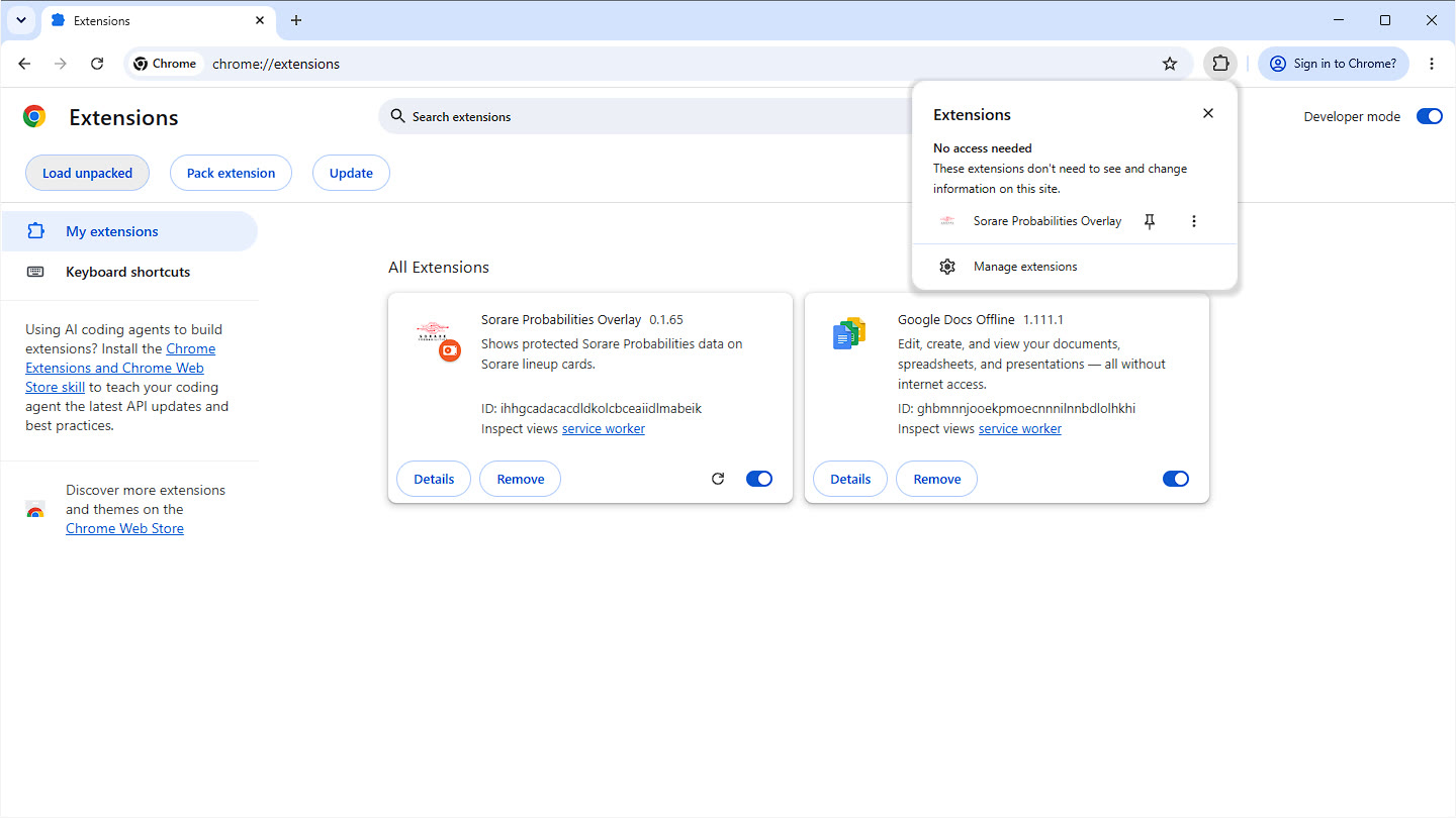 chrome://extensions with Developer mode on and Sorare Probabilities Overlay in the list, the puzzle menu open with the pin.