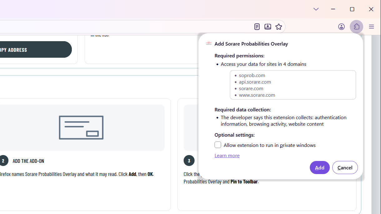 Firefox asks to add Sorare Probabilities Overlay: what it may read on soprob.com and Sorare, and the Add button.