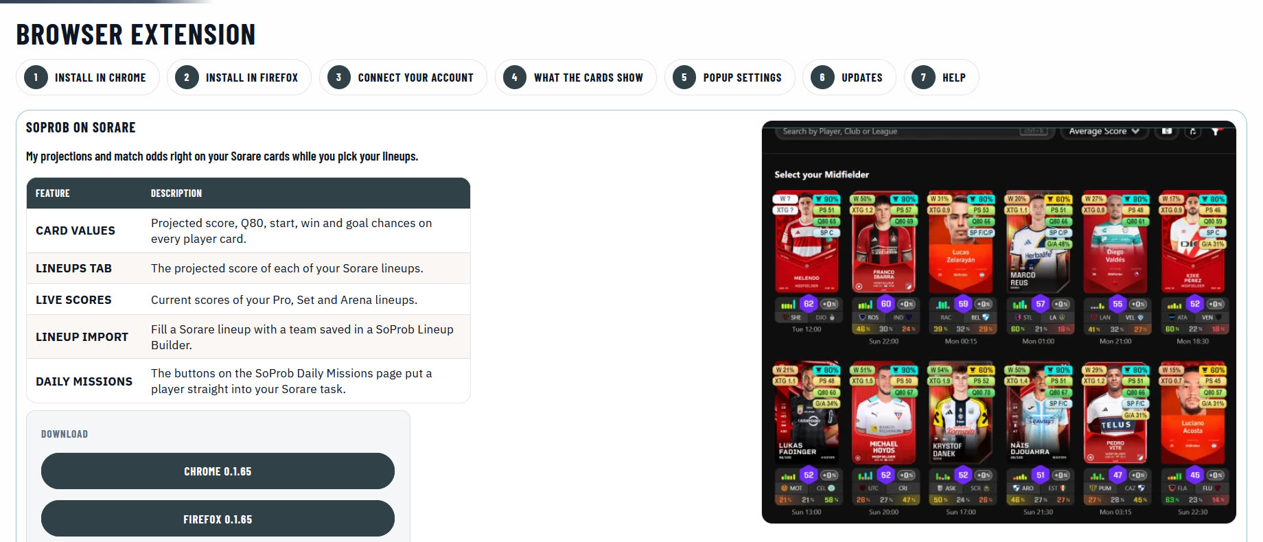 The download panel on the Extension page: one button for Chrome and one for Firefox, each with its version.