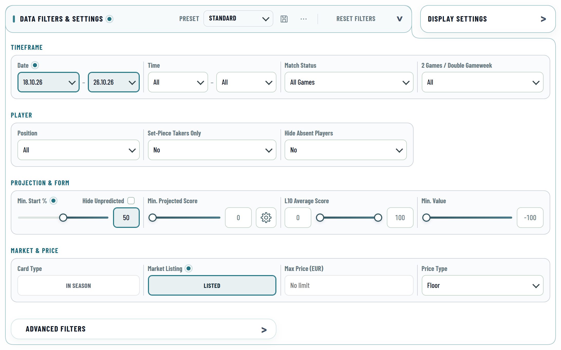 The open Data Filters of the Player DB: the groups Timeframe, Player, Projection & Form and Market & Price, each in its own frame, with a thin line between their fields.