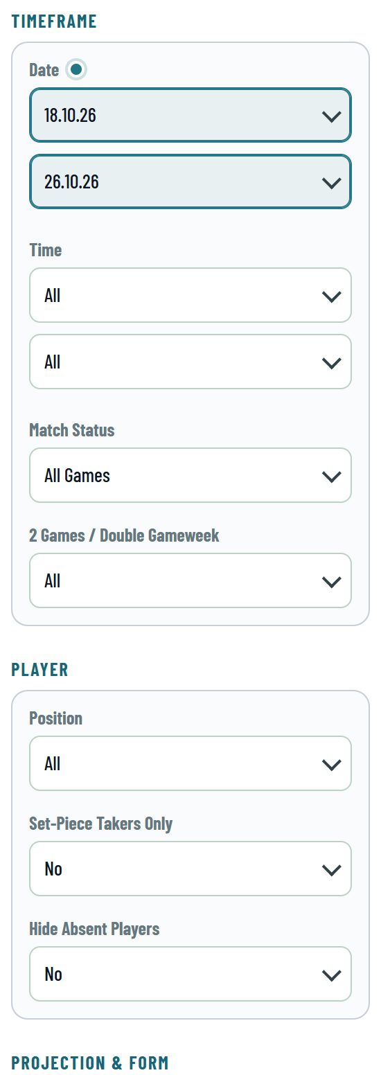 The Data Filters of the Player DB on a phone: one group below the other, the two dates of the range below each other.
