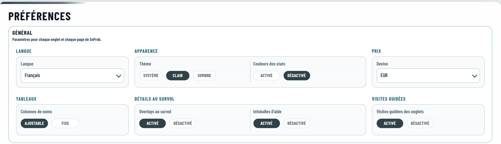 Settings, Preferences, General in French: the Language field set to Français, beside Appearance and Price.