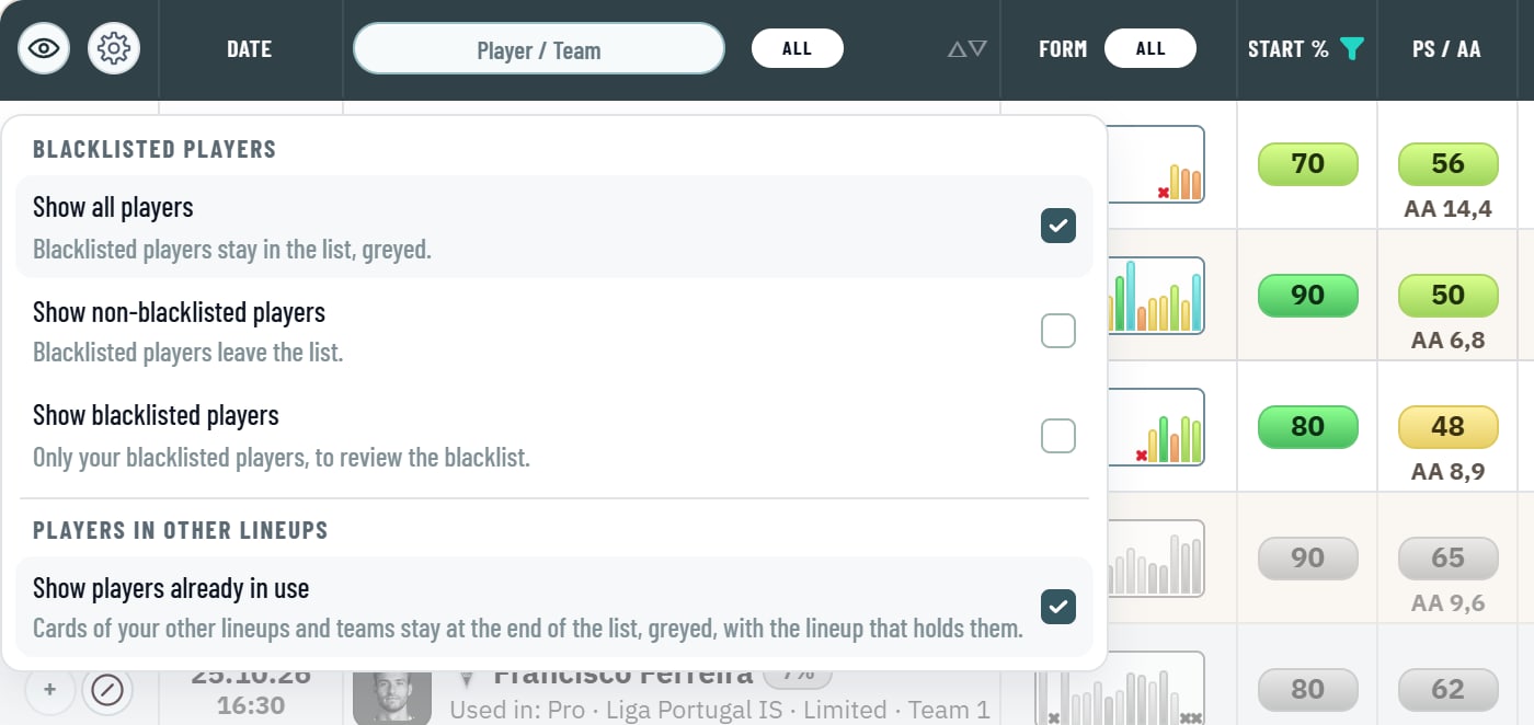The eye menu in the candidate list's header: three choices for blacklisted players and the switch Show players already in use.