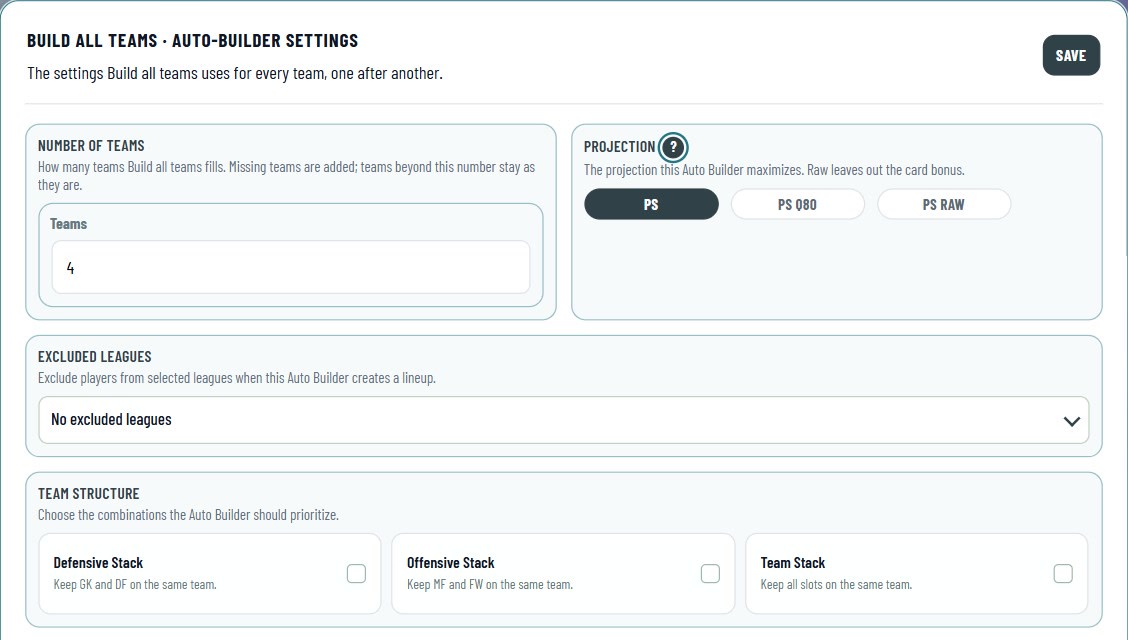 The settings of Build all teams: Number of teams at the top, then the Auto Builder's choices.