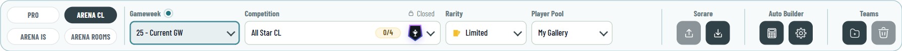 The context bar of the Lineup Builder: mode, gameweek, competition, rarity and player pool on the left, the groups Sorare, Auto Builder and Teams on the right.
