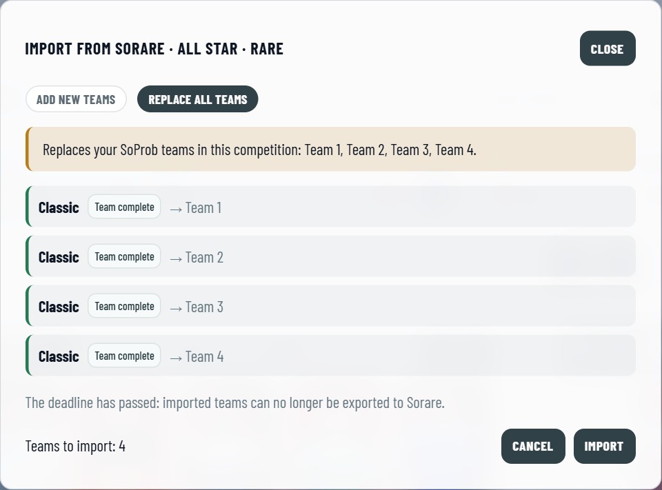 The import dialog in Replace all teams: the warning that names the SoProb teams it replaces, four Sorare teams marked Team complete, each with the team it goes to, and Teams to import: 4.