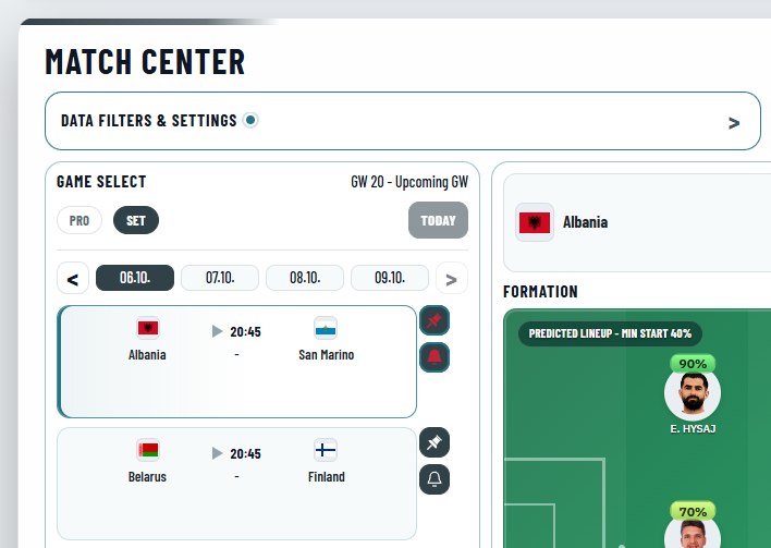 Match Center Game Select with a pinned match whose bell is active, above a match without pin or bell.