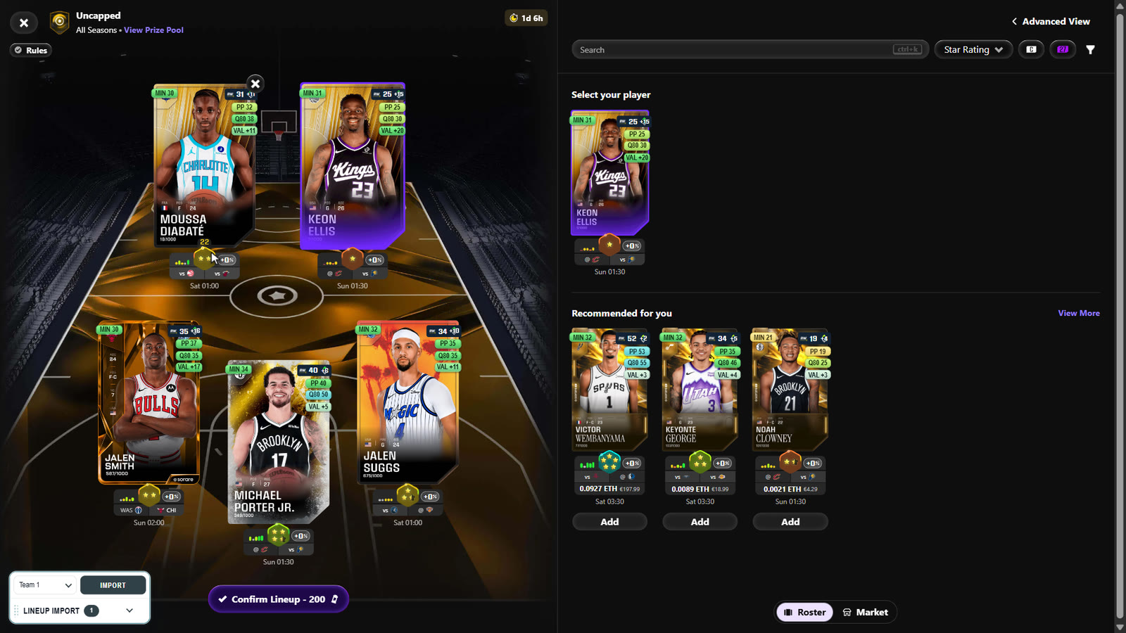 The Arena Uncapped lineup page on Sorare after the import: the five cards of the saved SoProb team stand on the court, with the extension's values on the cards of the bench.