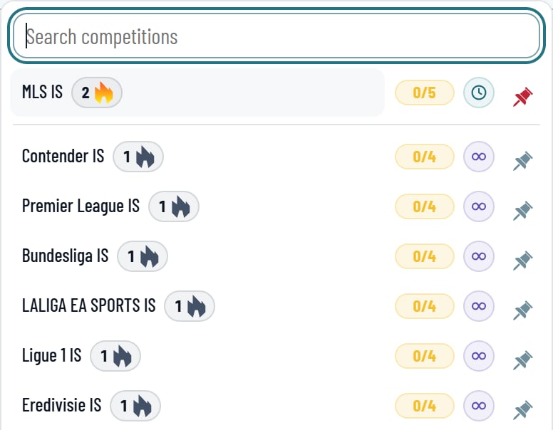 Competition list of the Lineup Builder: MLS IS on step 2 with a lit flame, the other Pro competitions on step 1 with a grey flame.