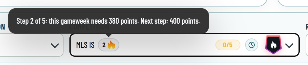 Tooltip on the step of MLS IS: step 2 of 5, this gameweek needs 380 points, next step 400 points.