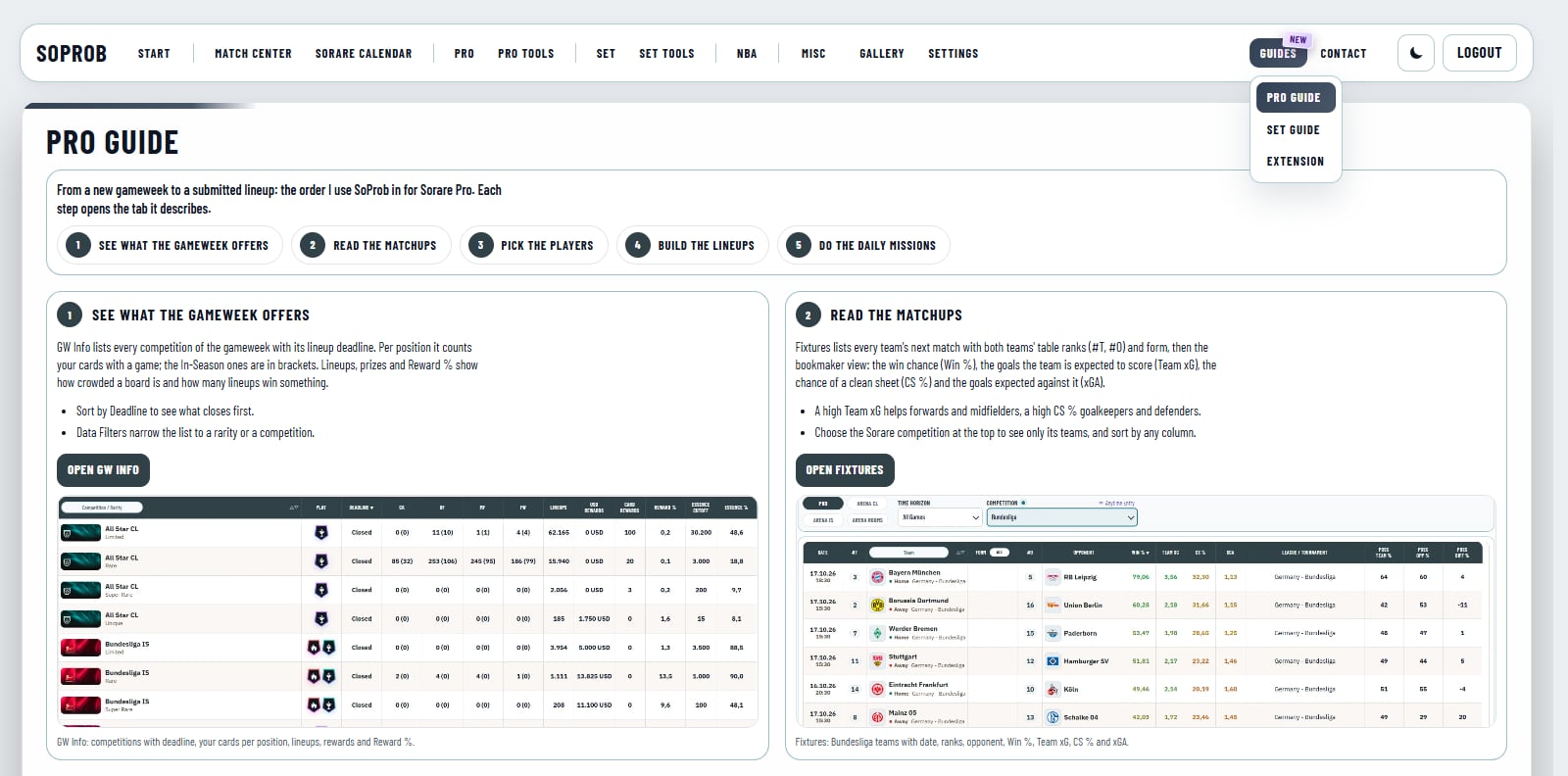 The new Guides menu with Pro Guide, Set Guide and Extension, open over the first two steps of the Pro Guide.