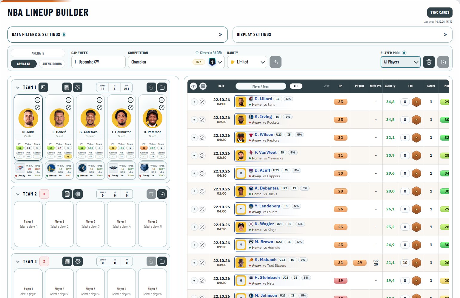 The NBA Lineup Builder: the board and rarity in the context bar, a team of five with its stars and PP, and the candidate list.