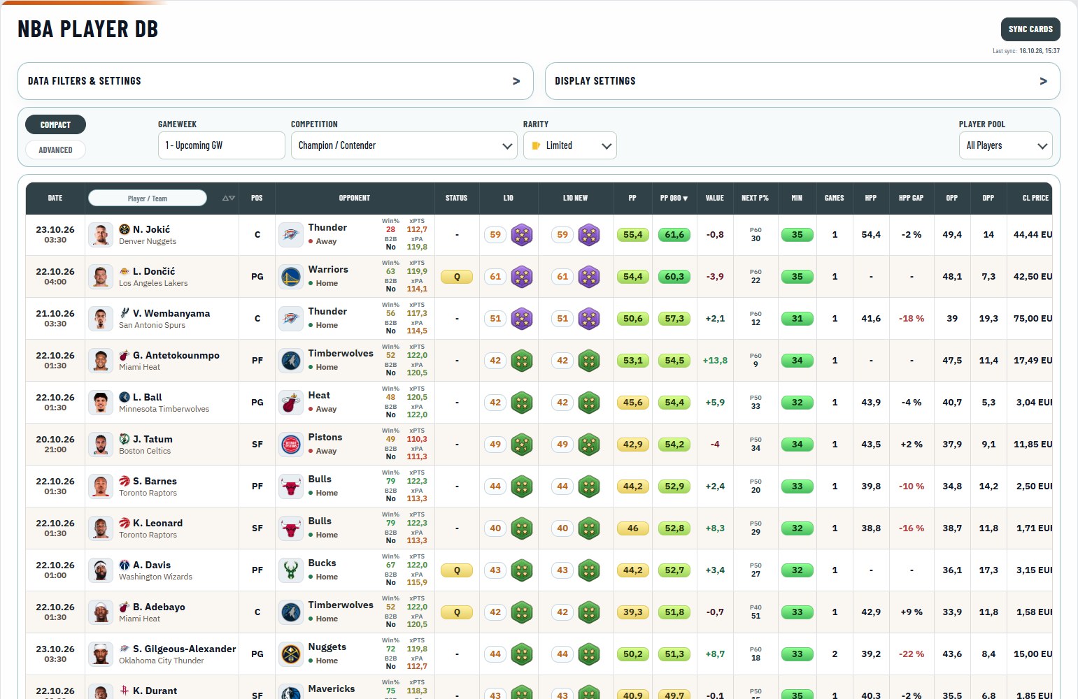 The NBA Player DB sorted by Value: players with team crest, L10 with stars, opponent and win chance, PP, PP Q80 and prices.