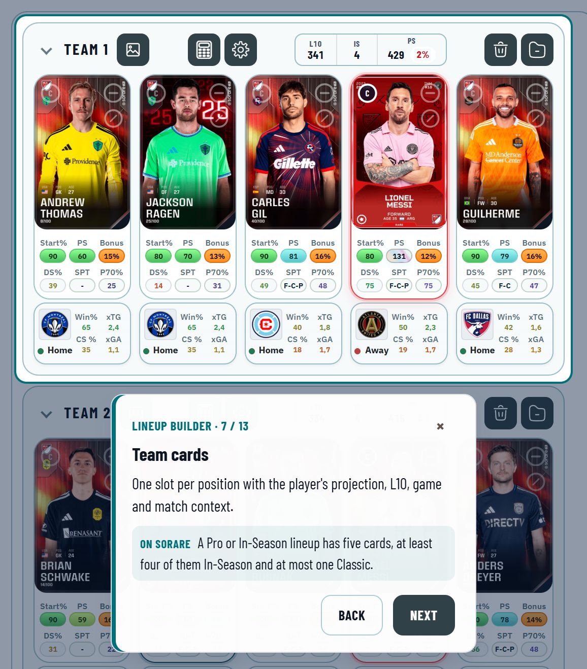 A stop of the Lineup Builder tour: the team cards are framed, the card below explains them and names the Sorare rule they follow.