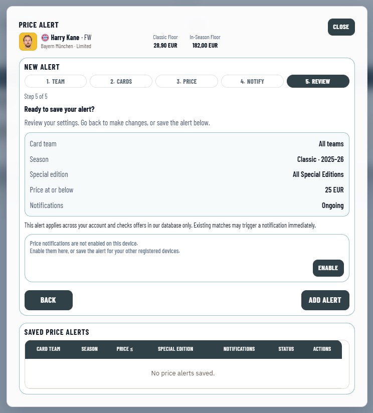 Desktop price-alert Review step with the chosen price, Ongoing notifications and the device Enable notice.