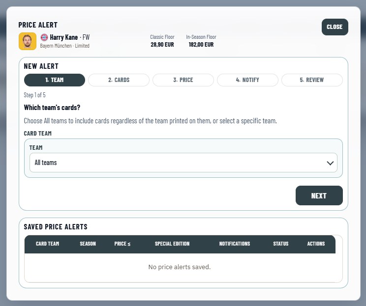 Desktop price-alert dialog at the Team step with All teams selected.